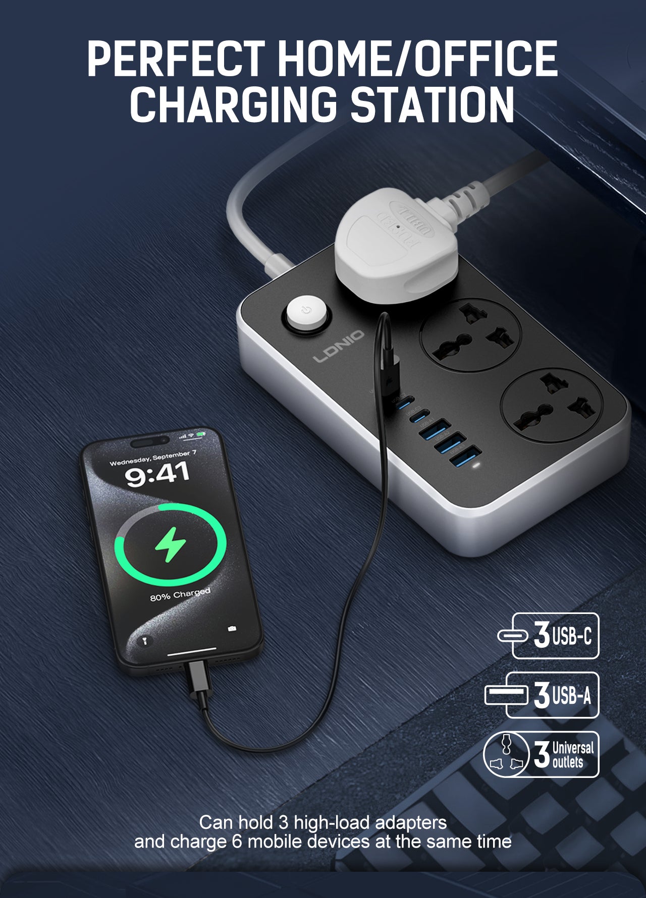 LDNIO SC3604C Waterproof Power Strip, 3 AC + 6 USB (USB-C), 20W Fast Charge, 2500W, 2M Cable – Universal Plug