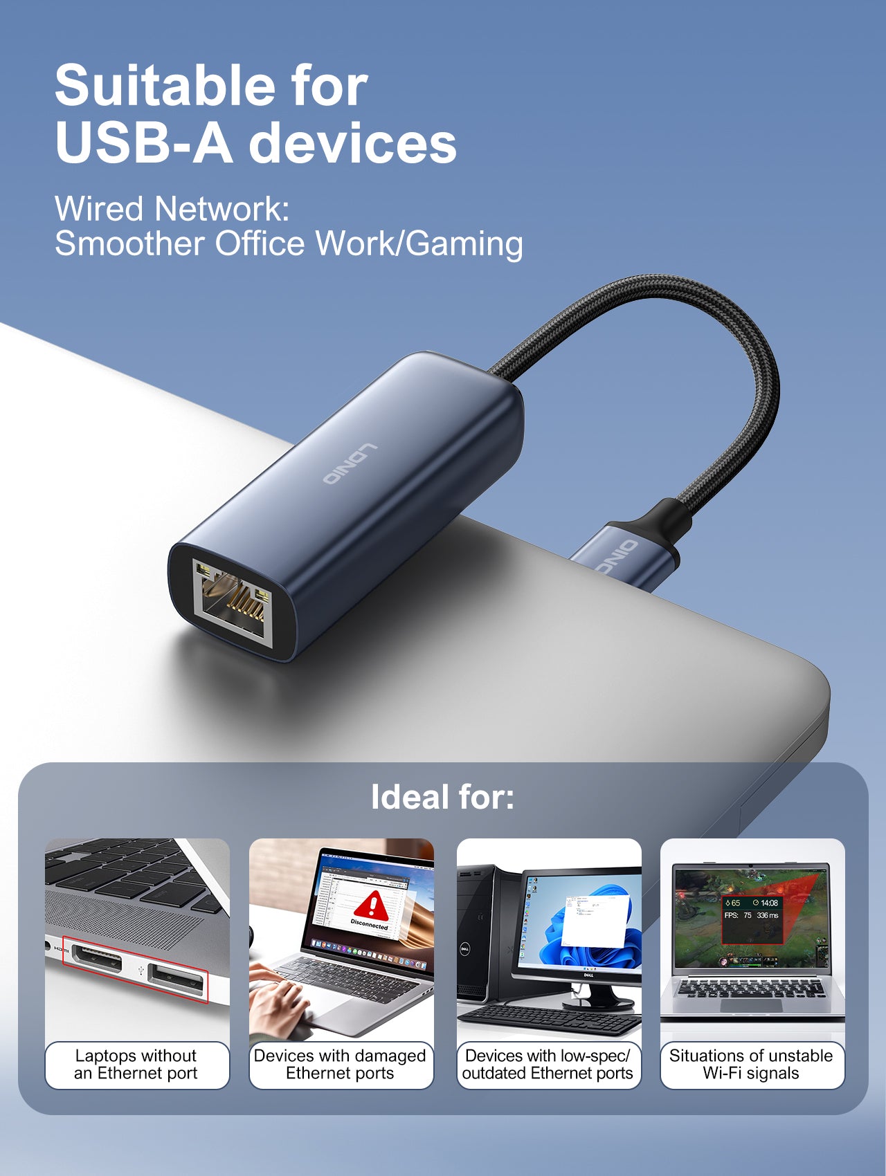 محول موزع USB-A من LDNIO طراز RJ-01U مع إيثرنت جيجابت، محطة إرساء متعددة المنافذ USB 3.0، منفذ LAN RJ45 معدني، نقل بيانات عالي السرعة، محول شبكة توصيل وتشغيل للابتوب والكمبيوتر الشخصي