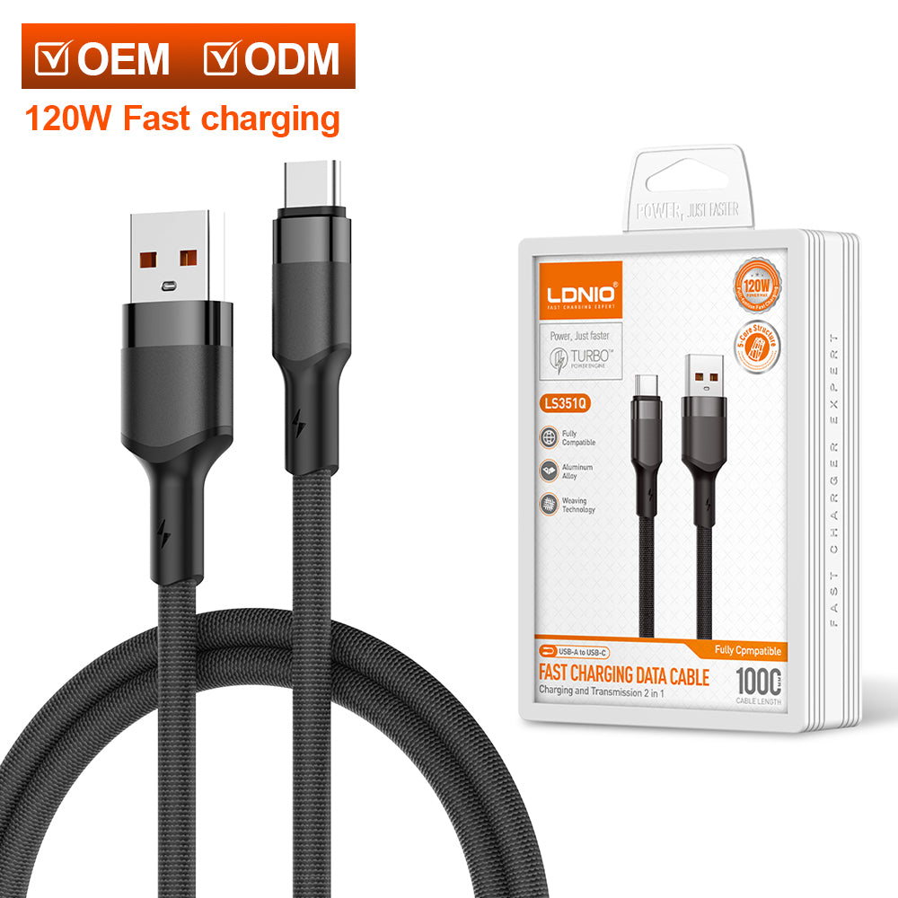 كابل شحن سريع محمي USB بقوة 120 واط من LDNIO موديل LS351Q، كابل بيانات نوع C بطول 1 متر لأجهزة iOS والهواتف المحمولة وبنوك الطاقة – مزامنة وشحن عالي السرعة