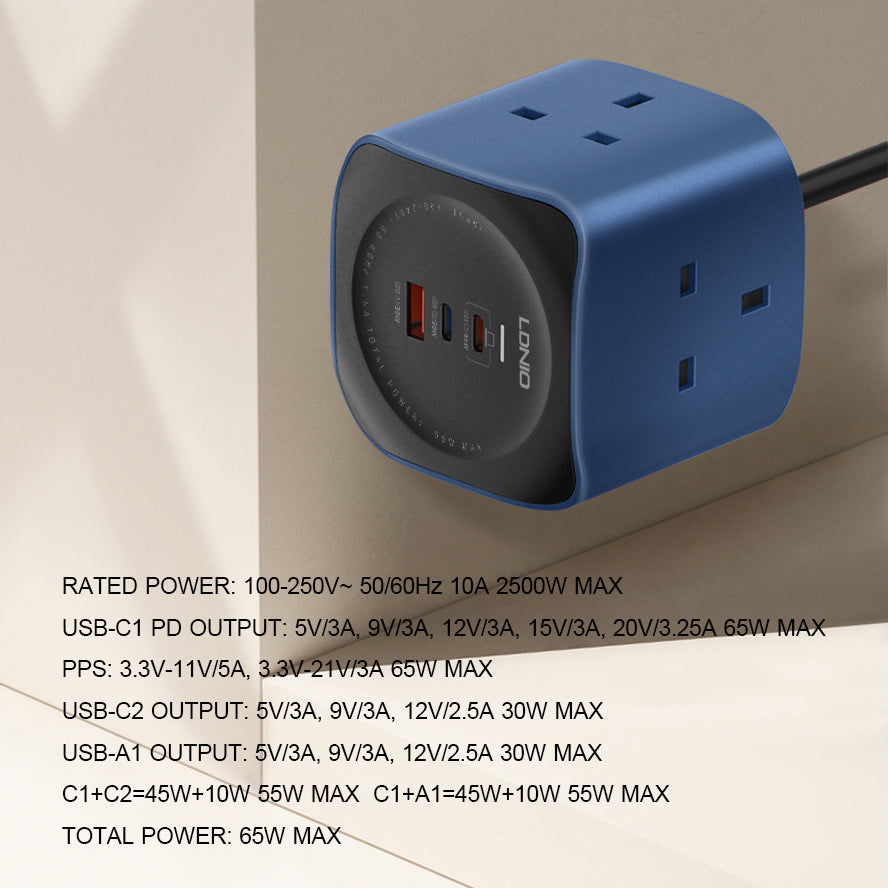LDNIO SK3370 6-in-1 Power Socket Cube with 65W PD Fast Charging | 3 AC Outlets, USB-C & USB-A Ports, UK Plug Extension, Compact Power Strip for Home & Office