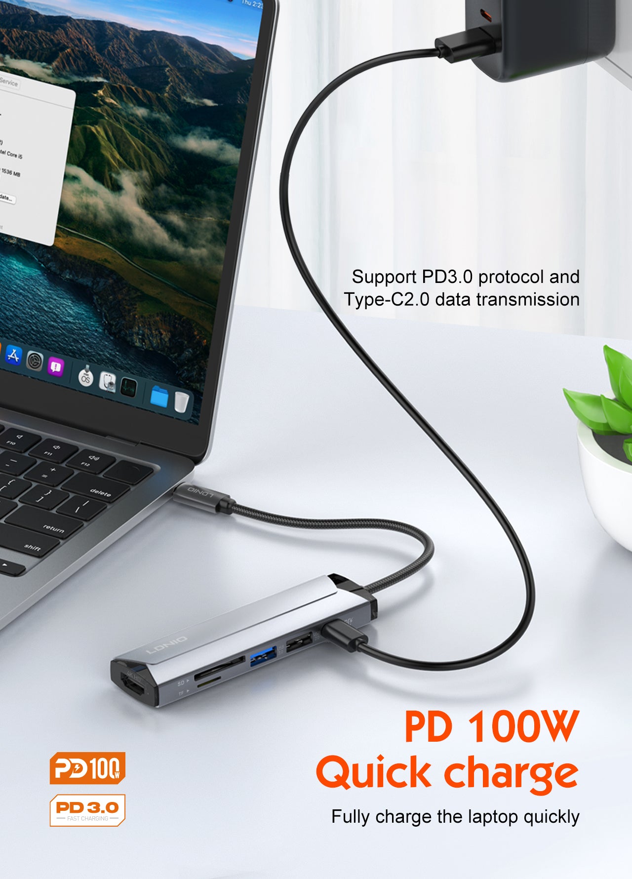 محطة إرساء متعددة الوظائف LDNIO DS-56H بمنفذ USB-C مع شحن PD بقوة 100 واط، منفذ HDMI، USB 2.0، قارئ بطاقات SD وTF، محول Type-C إلى منافذ متعددة لأجهزة اللابتوب، ماك بوك، التابلت وأجهزة USB-C
