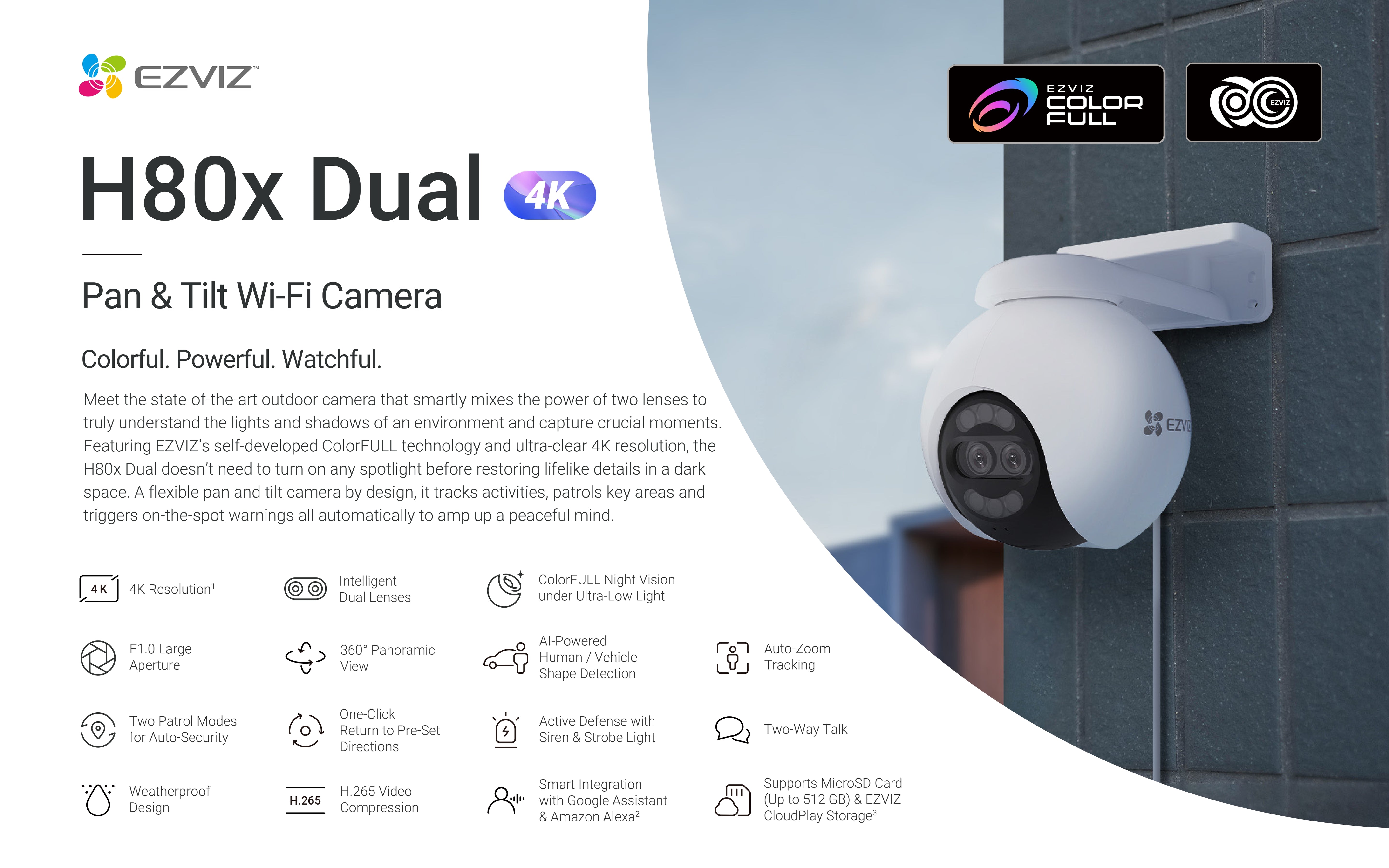 EZVIZ H80x Dual 4K Pan & Tilt Wi-Fi Camera, ColorFULL Night Vision, Auto-Tracking, AI Detection, 360° View, 2-Way Talk, IP65, microSD/Cloud