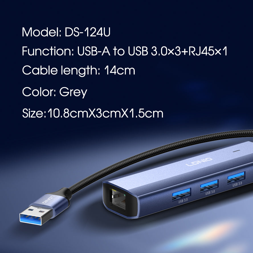 محول محور LDNIO DS-124U USB 3.0، من USB-A إلى RJ45 إيثرنت، محطة إرساء متعددة المنافذ عالية السرعة بسرعة 5Gbps للابتوب والتابلت والكمبيوتر الشخصي