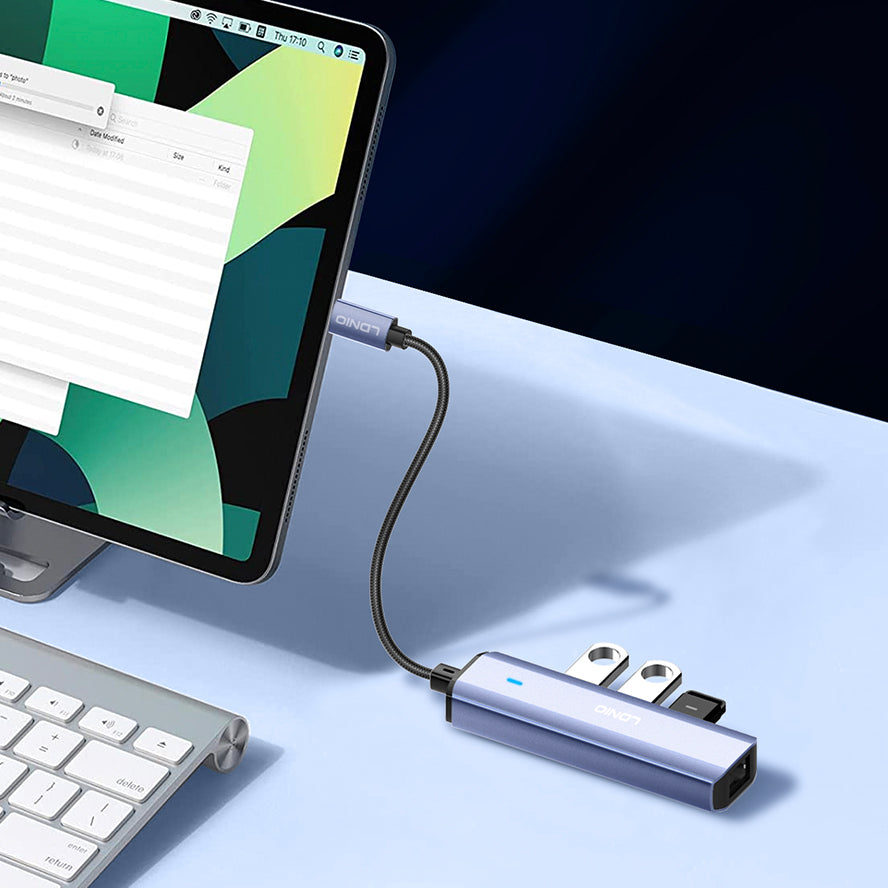 LDNIO DS-124C USB-C 3.0 Hub Adapter, 5Gbps Multiport Docking Station with USB-A and RJ45 Ethernet, High-Speed Connectivity for Laptop, Tablet & PC