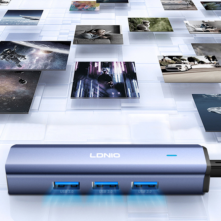 محول محور LDNIO DS-124U USB 3.0، من USB-A إلى RJ45 إيثرنت، محطة إرساء متعددة المنافذ عالية السرعة بسرعة 5Gbps للابتوب والتابلت والكمبيوتر الشخصي