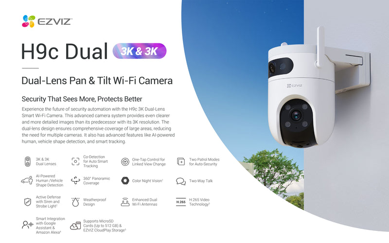EZVIZ H9c 3K Dual-Lens Wi-Fi Pan & Tilt Camera, AI Detection, Color Night Vision, 360° View, Siren, Alexa Compatible, MicroSD & Cloud Storage