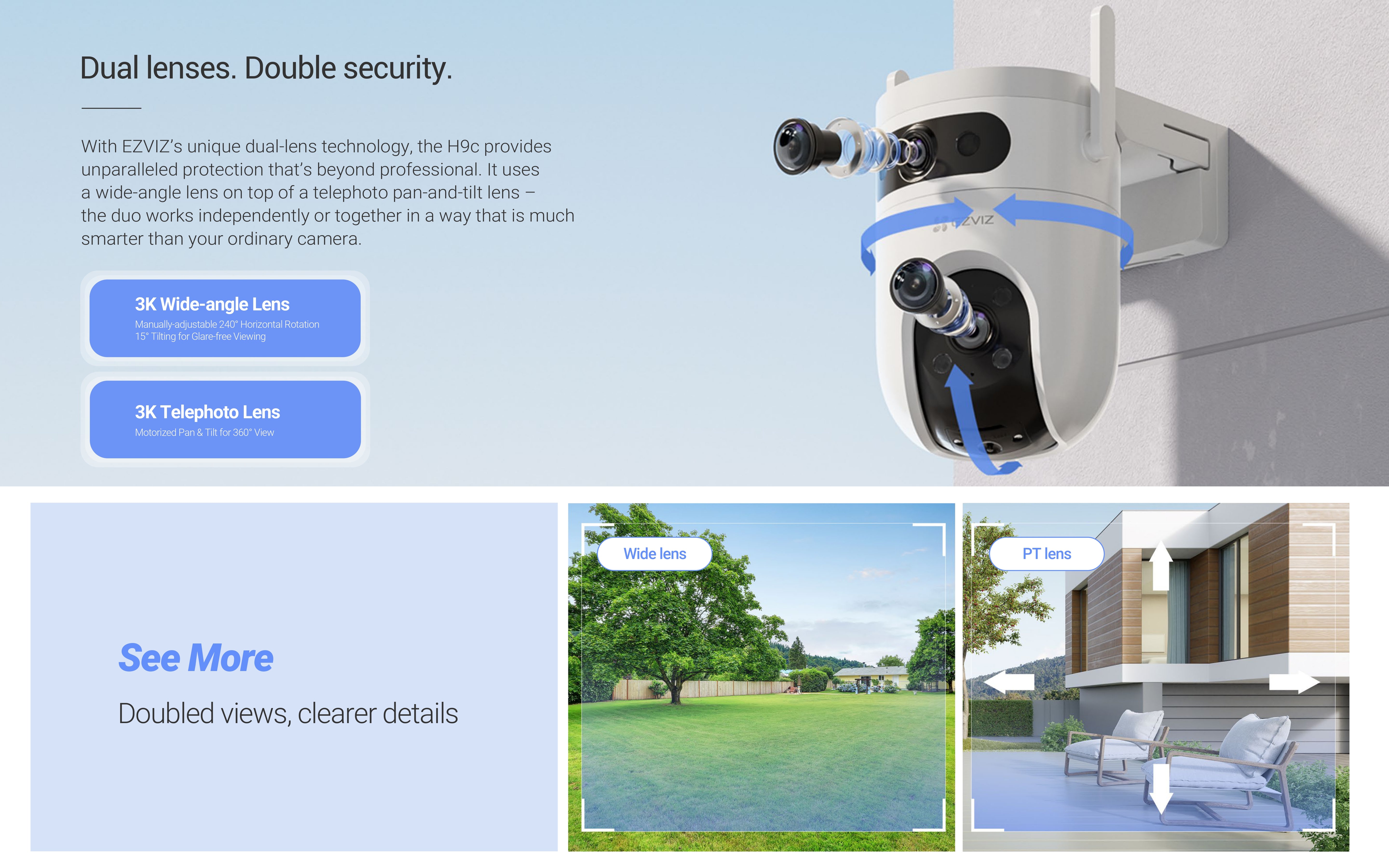 EZVIZ H9c 3K Dual-Lens Wi-Fi Pan & Tilt Camera, AI Detection, Color Night Vision, 360° View, Siren, Alexa Compatible, MicroSD & Cloud Storage