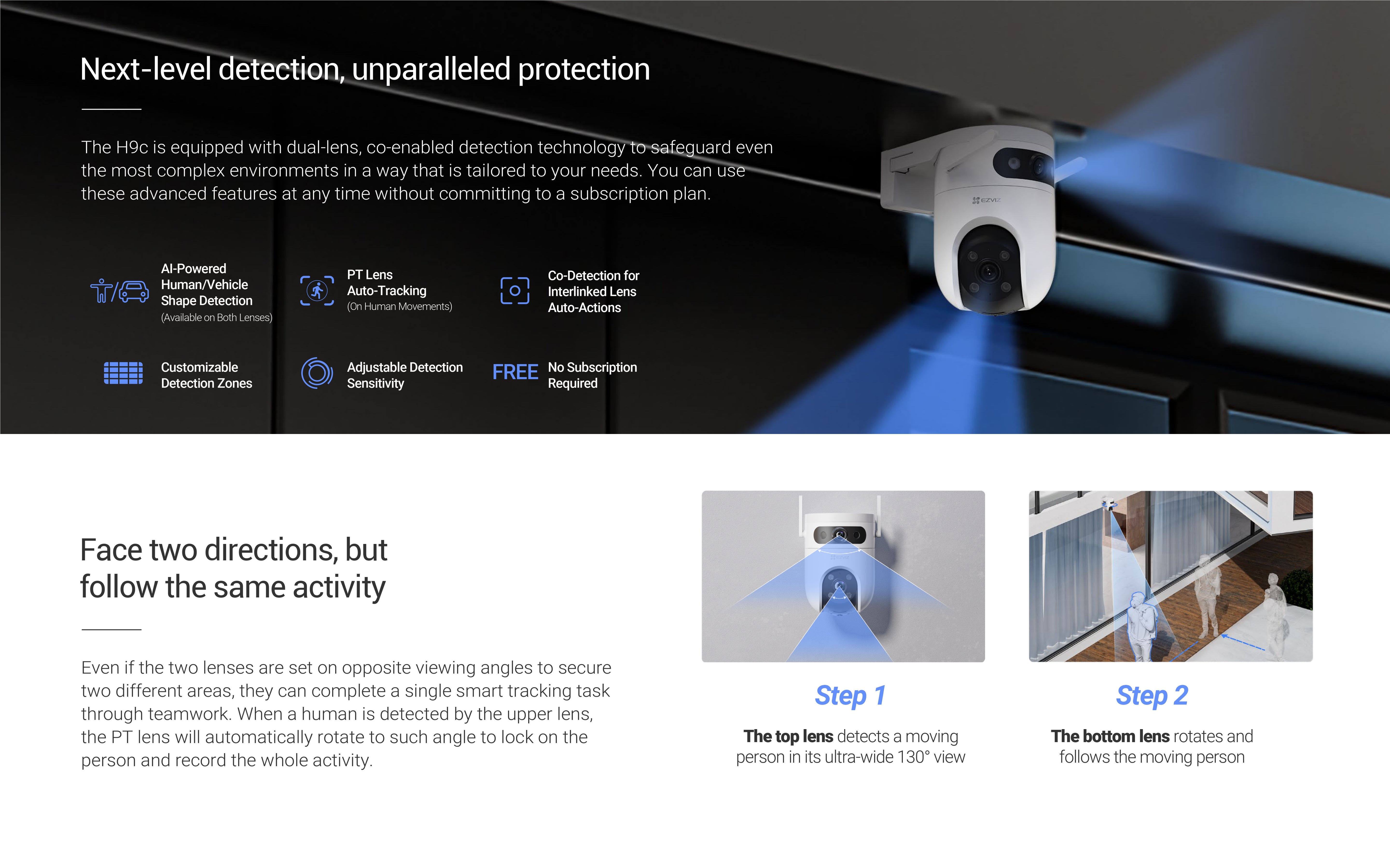 EZVIZ H9c 3K Dual-Lens Wi-Fi Pan & Tilt Camera, AI Detection, Color Night Vision, 360° View, Siren, Alexa Compatible, MicroSD & Cloud Storage