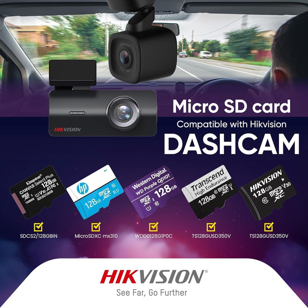 كاميرا داشكام Hikvision مدمجة بدقة 1080P مع زاوية واسعة 122°، Wi-Fi، حساس G، دعم بطاقة TF، ميكروفون ومكبر صوت مدمجين، تحكم عبر التطبيق