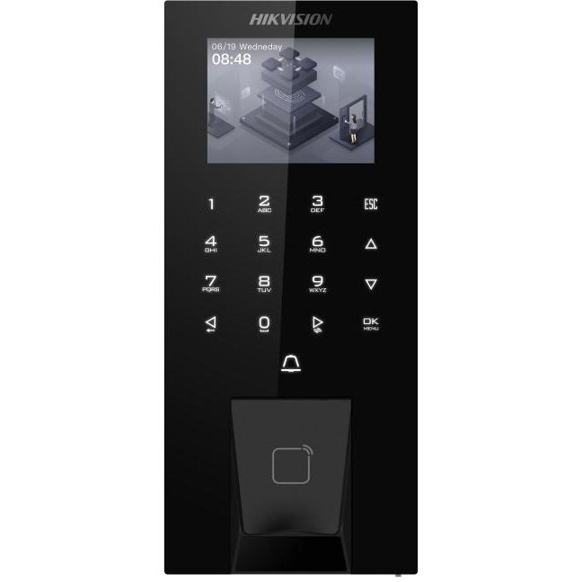 جهاز Hikvision Pro لبصمة الإصبع بشاشة LCD مقاس 2.4 بوصة، يدعم مصادقة متعددة (بصمة الإصبع، البطاقة، رقم التعريف الشخصي)، واي فاي، بلوتوث، PoE، IP65، تكوين الويب
