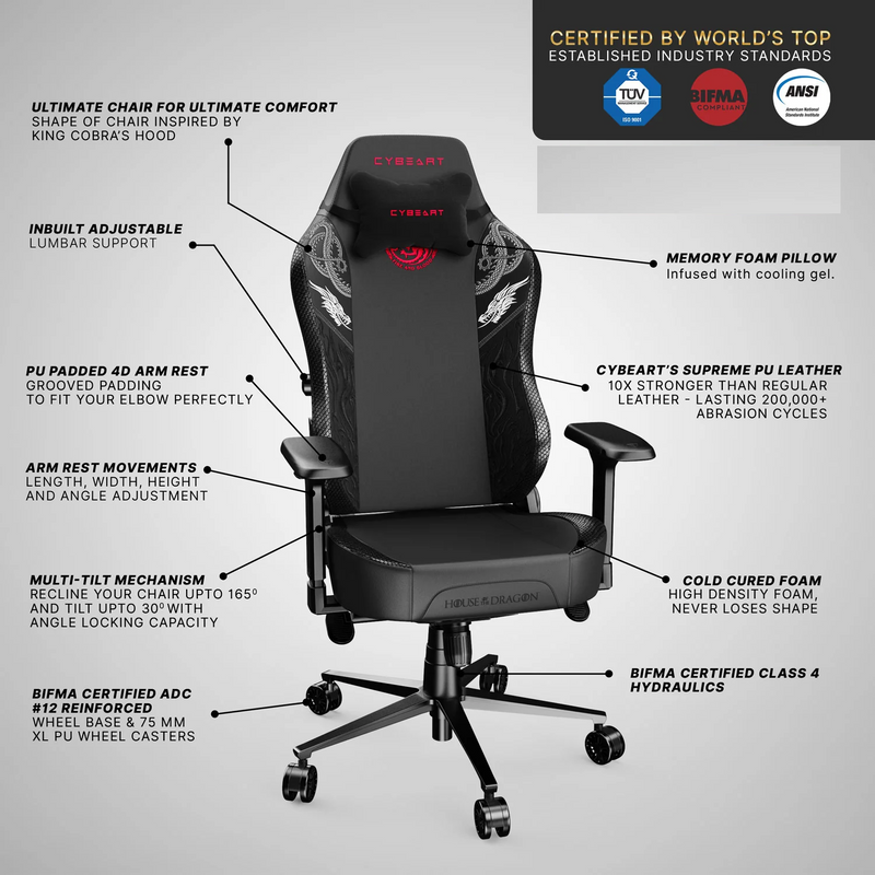 CYBEART | House Targaryen Gaming Chair - DC Comics | 4D Armrest | Inbuilt Lumbar Support | Supreme PU Leather, Ergonomic, Recline & Tilt