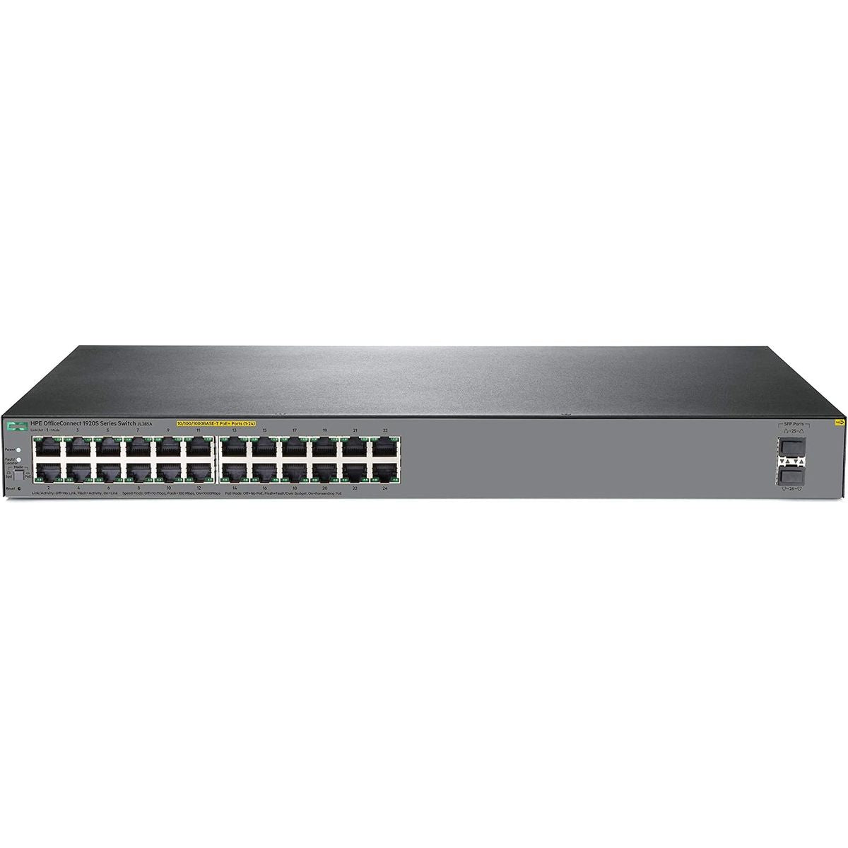 محوّل HPE OfficeConnect 1920S JL385A ذكي مُدار جيجابت PoE+ بـ26 منفذًا، 24 منفذ RJ45، ومنفذا SFP للوصلات الصاعدة، بميزانية PoE تبلغ 370W