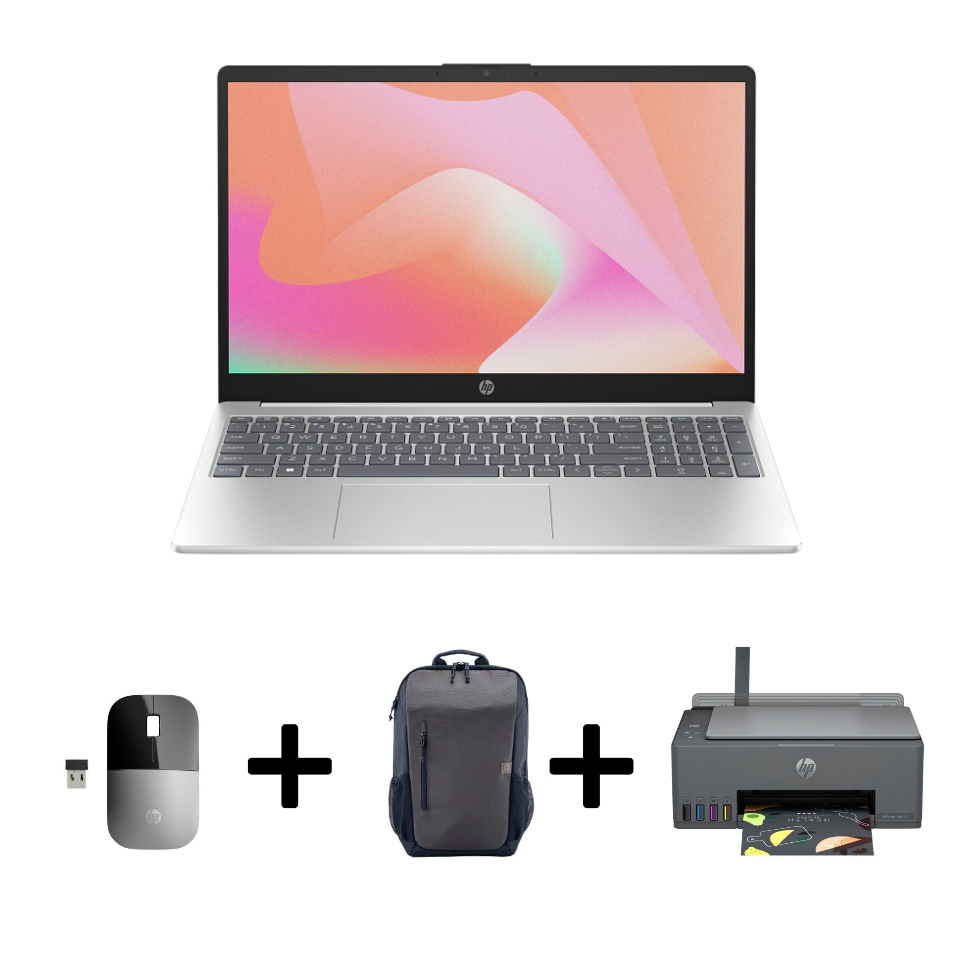 HP Laptop 15-fc0196nia D01R2EA – 15.6" FHD 60Hz – AMD Ryzen 5 7520U – 8GB RAM – 512GB SSD – Shared Graphics – WIN 11 PRO K + HP Smart Tank 581 Wireless All-in-One Printer, Backpack, Mouse Bundle