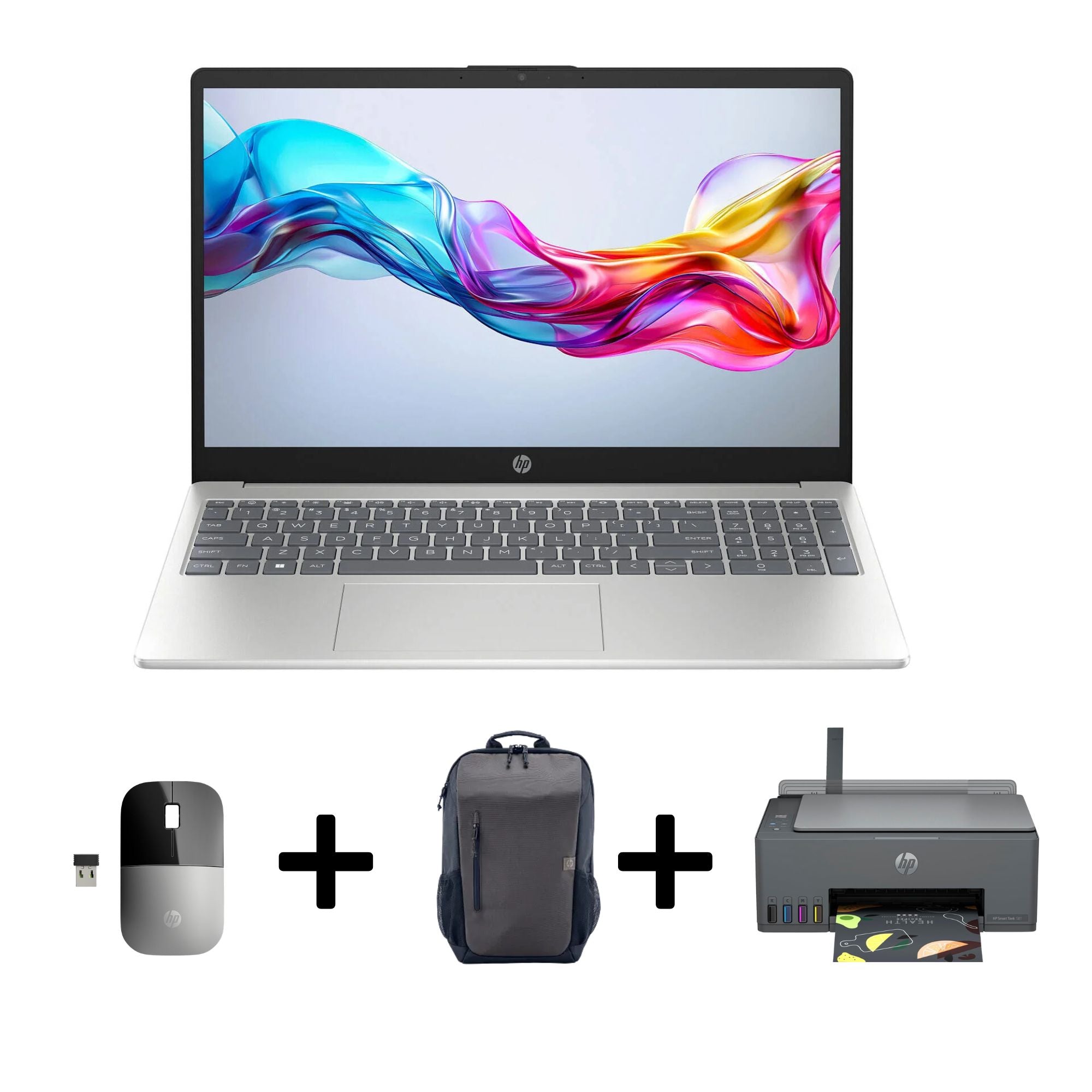 حاسوب محمول HP 15-fd0557nia BL8P5EA – ‏15.6"‏ FHD ‏60Hz – Intel Core i7-1355U – ذاكرة RAM بسعة 8GB – ‏512GB SSD – رسومات مشتركة – ‏WIN 11 PRO K + طابعة HP Smart Tank 581 لاسلكية متعددة الوظائف، وحقيبة ظهر، وماوس 