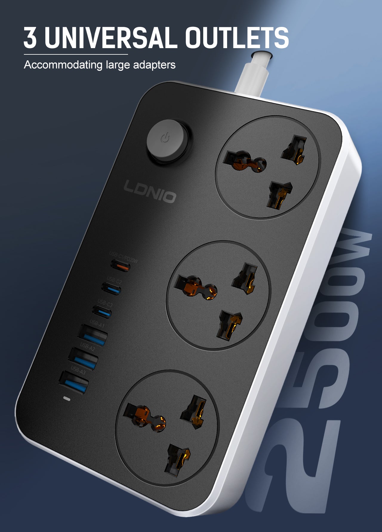 LDNIO SC3604C Waterproof Power Strip, 3 AC + 6 USB (USB-C), 20W Fast Charge, 2500W, 2M Cable – Universal Plug