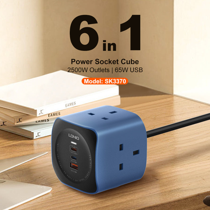 LDNIO SK3370 6-in-1 Power Socket Cube with 65W PD Fast Charging | 3 AC Outlets, USB-C & USB-A Ports, UK Plug Extension, Compact Power Strip for Home & Office