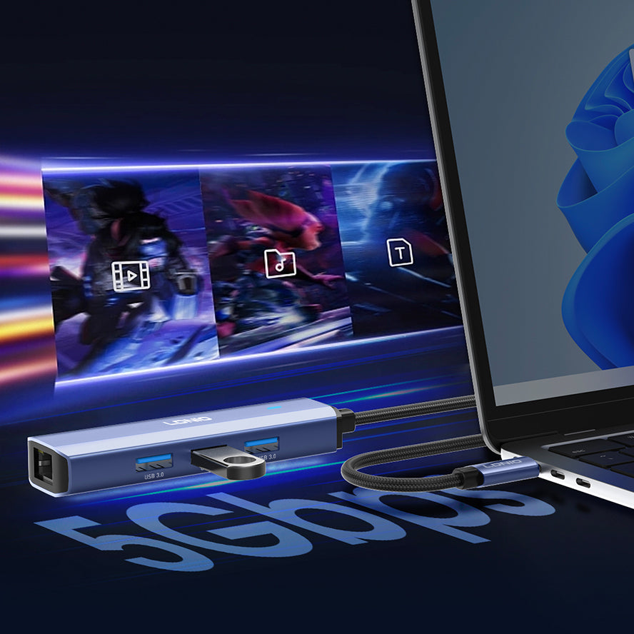 LDNIO DS-124C USB-C 3.0 Hub Adapter, 5Gbps Multiport Docking Station with USB-A and RJ45 Ethernet, High-Speed Connectivity for Laptop, Tablet & PC