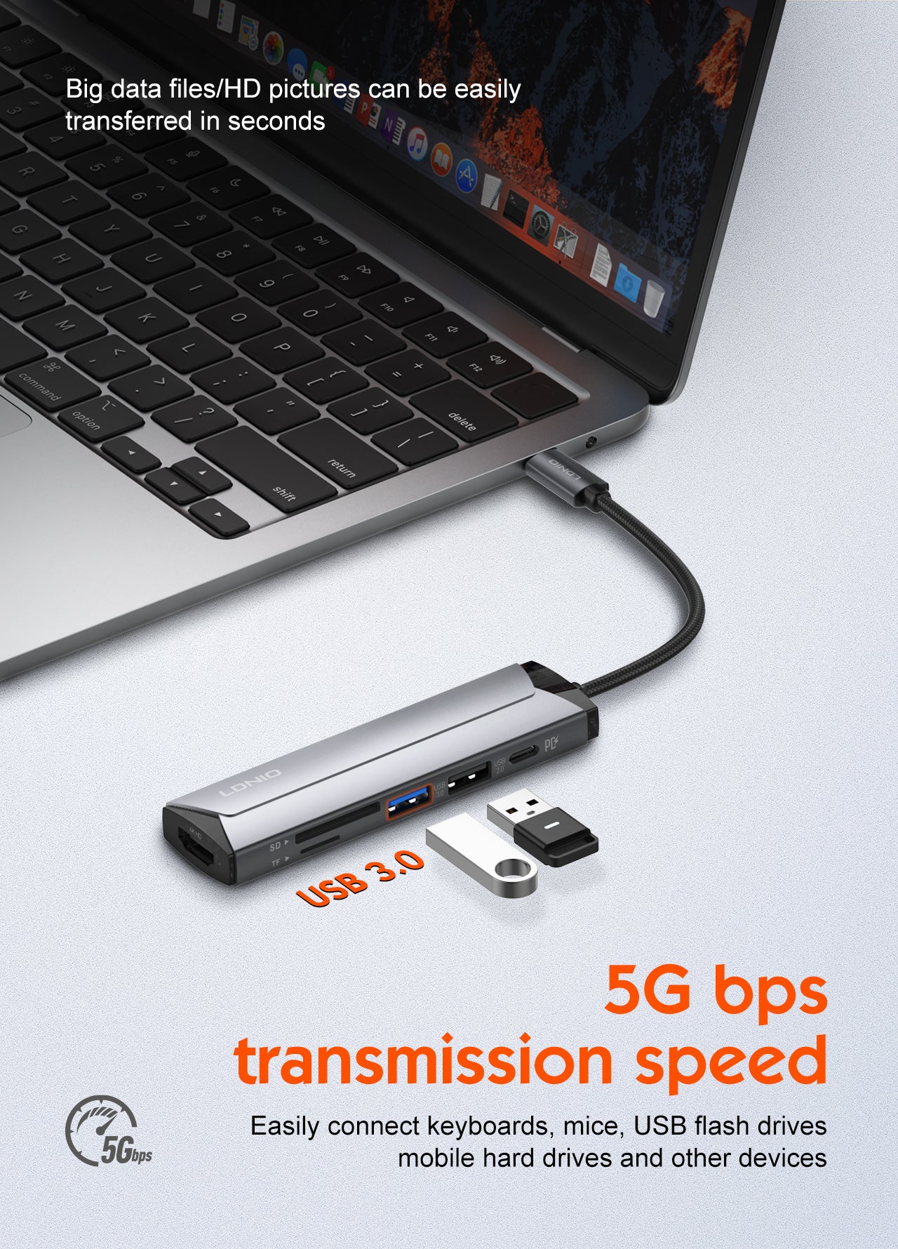 محطة إرساء متعددة الوظائف LDNIO DS-56H بمنفذ USB-C مع شحن PD بقوة 100 واط، منفذ HDMI، USB 2.0، قارئ بطاقات SD وTF، محول Type-C إلى منافذ متعددة لأجهزة اللابتوب، ماك بوك، التابلت وأجهزة USB-C
