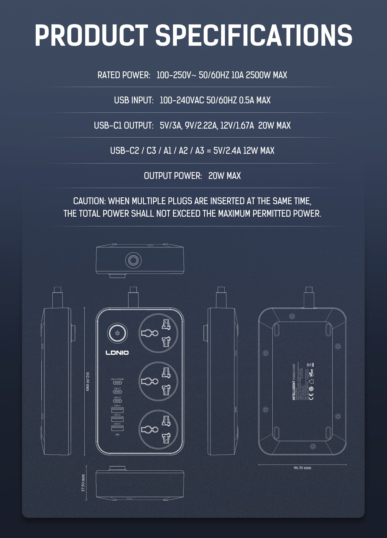 LDNIO SC3604C Waterproof Power Strip, 3 AC + 6 USB (USB-C), 20W Fast Charge, 2500W, 2M Cable – Universal Plug