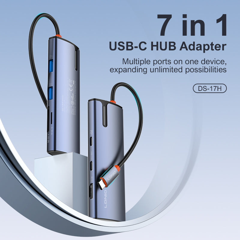 محطة إرساء متعددة المنافذ LDNIO DS-17H 7 في 1 USB-C – HDMI بدقة 4K، USB 3.0، إيثرنت RJ45، قارئ بطاقات SD/TF وشحن سريع PD – محول Type-C للابتوب وماك بوك