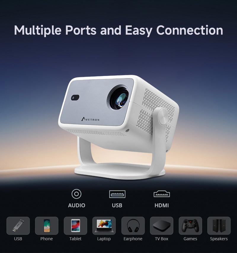 جهاز عرض Avetron LCD مقاس 3.5 بوصة - دقة 1080 بكسل أصلية، 250 لومن ANSI، نظام Android 11، دعم 4K، تركيز تلقائي، شاشة بحد أقصى 120 بوصة، مصباح LED، مكبر صوت مدمج 5 وات