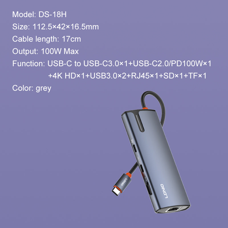 محول محور LDNIO DS-18H متعدد المنافذ 7 في 1 بمنفذ USB-C مع HDMI، شحن PD، منافذ USB 3.0، قارئ بطاقات SD/TF، محطة متعددة المنافذ Type-C لأجهزة اللابتوب، ماك بوك، التابلت والأجهزة المحمولة