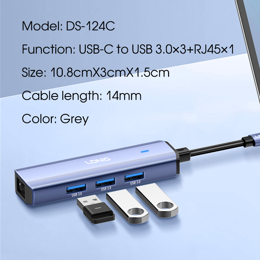 LDNIO DS-124C USB-C 3.0 Hub Adapter, 5Gbps Multiport Docking Station with USB-A and RJ45 Ethernet, High-Speed Connectivity for Laptop, Tablet & PC