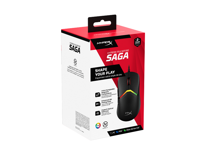 HyperX Pulsefire Saga Gaming Mouse – 69 g Modular Shell, 26,000 DPI 8k Sensor, 8,000 Hz Polling, RGB Lighting