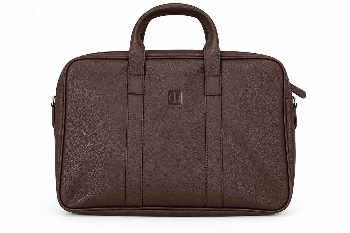 UNION 17.3" PU Leather Laptop Bag – Extra-Large Business Briefcase with Multi-Compartment Design - Coffee Brown