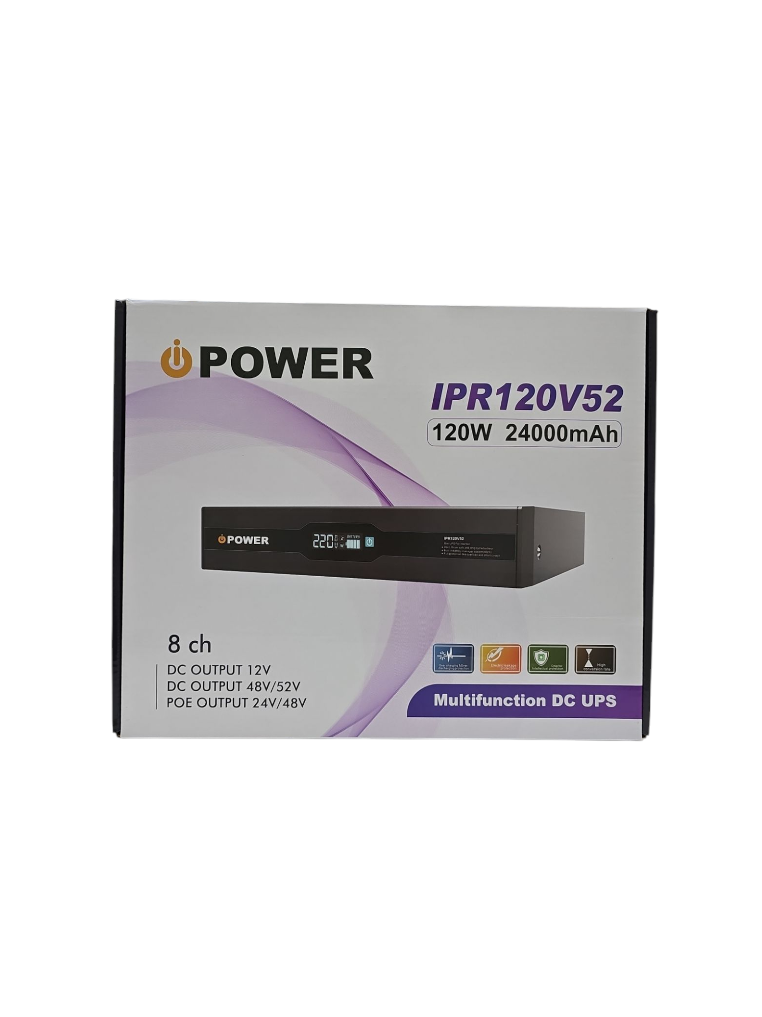 iPower IPR120V52 DC UPS with 4x6000mAh LiFePO4 Battery, 120W Max Output, POE & Multi-Voltage Support (12V/24V/48V/52V)