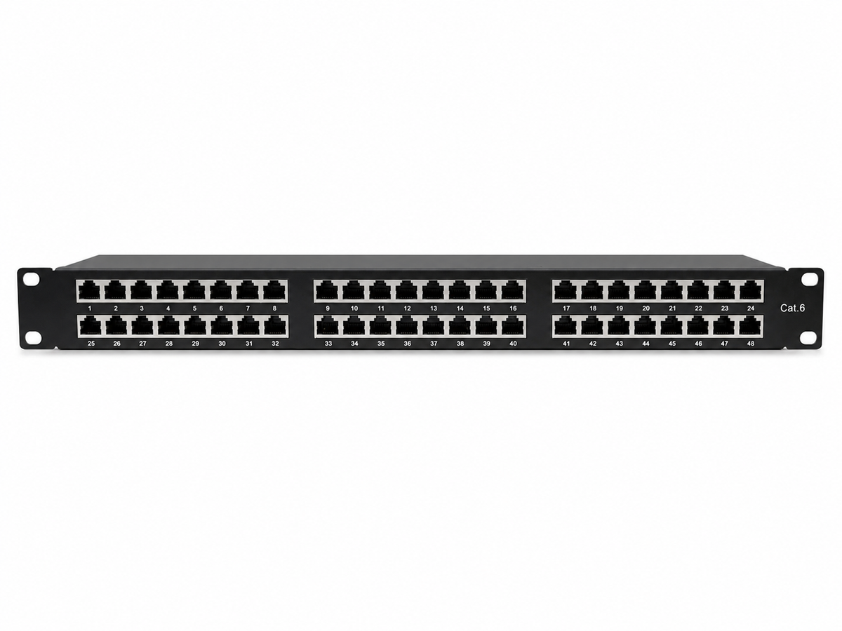 Atlantic ATPP48P-C6S 48-Port CAT6 Shielded Patch Panel – STP Rackmount Panel with LSA Terminals & Color-Coded Dual-Layer Design