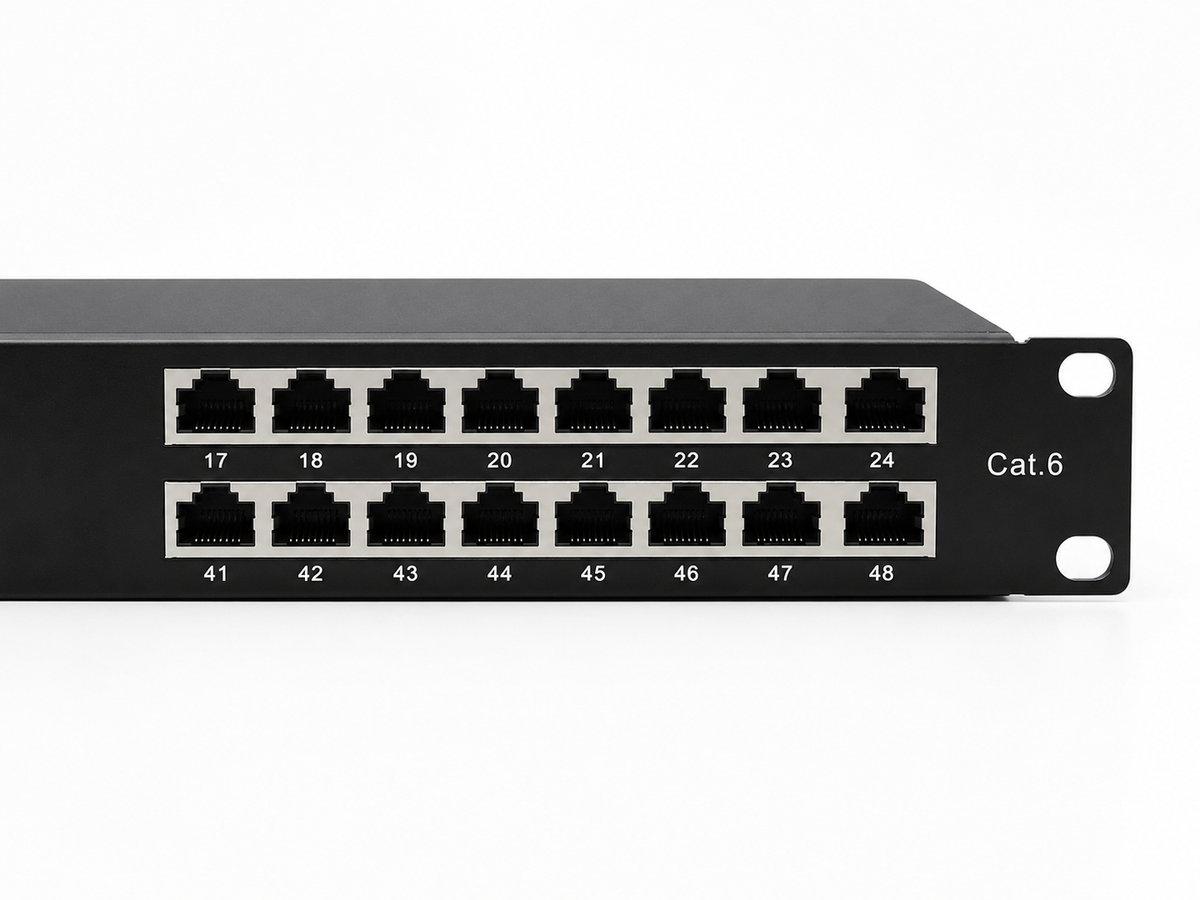 Atlantic ATPP48P-C6S 48-Port CAT6 Shielded Patch Panel – STP Rackmount Panel with LSA Terminals & Color-Coded Dual-Layer Design