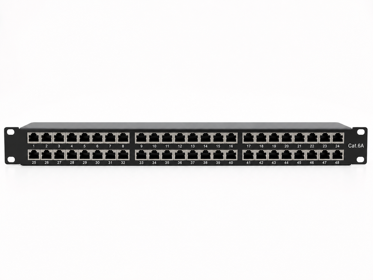 Atlantic AT-PNL-7248S-C6A 48-Port CAT6A Shielded Patch Panel – STP Rackmount Panel with LSA Terminals & Dual-Layer Color-Coded Design