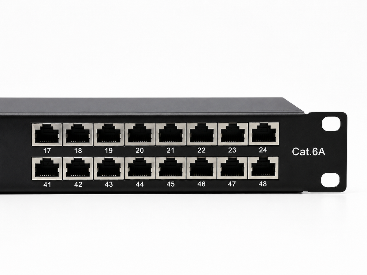 Atlantic AT-PNL-7248S-C6A 48-Port CAT6A Shielded Patch Panel – STP Rackmount Panel with LSA Terminals & Dual-Layer Color-Coded Design