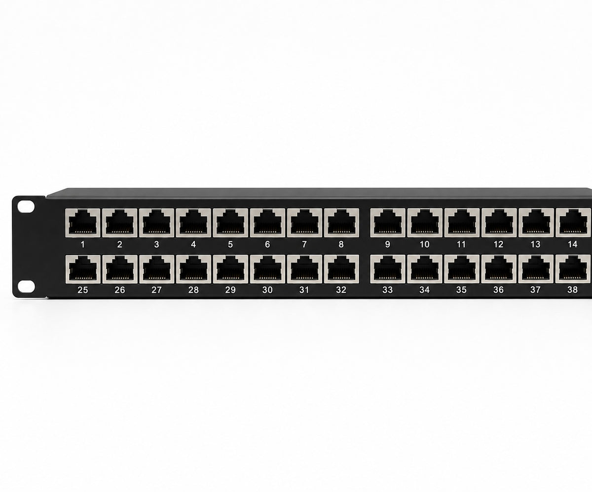 Atlantic AT-PNL-7248S-C6A 48-Port CAT6A Shielded Patch Panel – STP Rackmount Panel with LSA Terminals & Dual-Layer Color-Coded Design