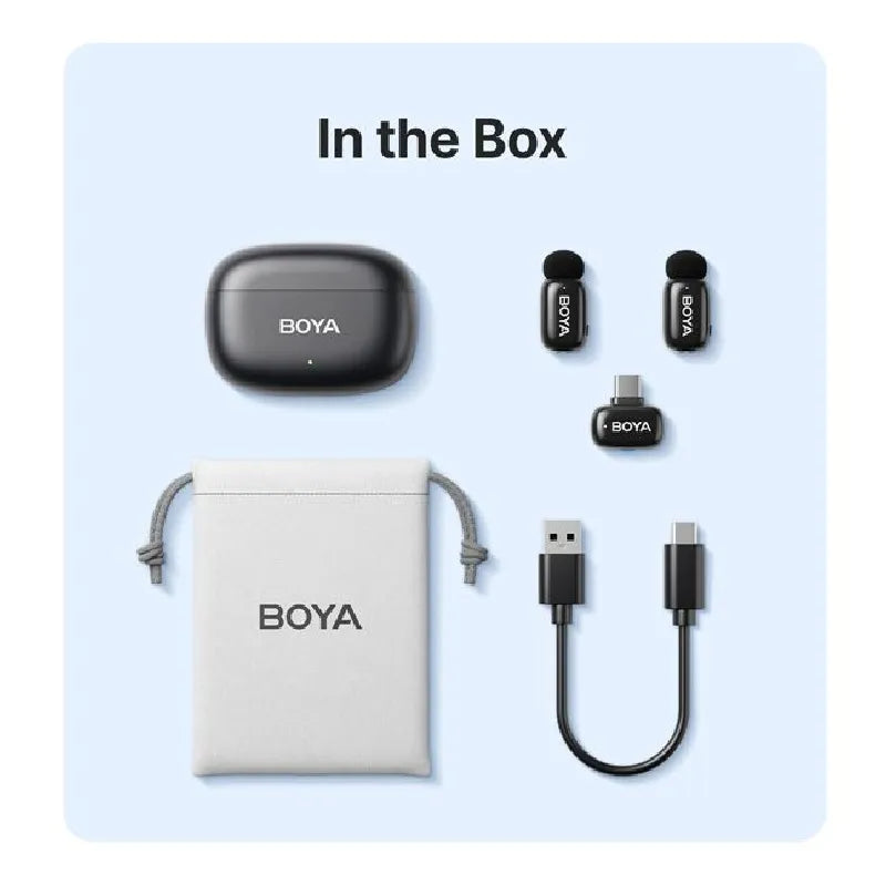 BOYA Mini 14 Dual Wireless Microphone – Type‑C Receiver, 3‑Level AI Noise Cancellation, 3 Voice Modes, 48 kHz/16‑bit, 100 m Range, 30 h Battery with Charging Case