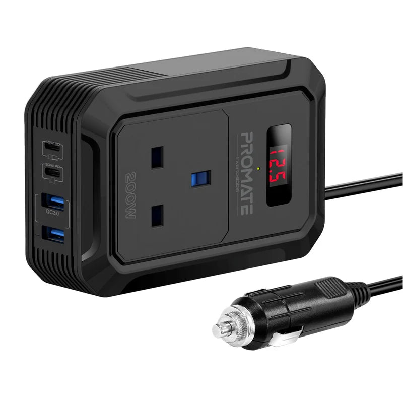 Promate Inverto-200W Multi-Port DC to AC Power Inverter with 200W AC Socket