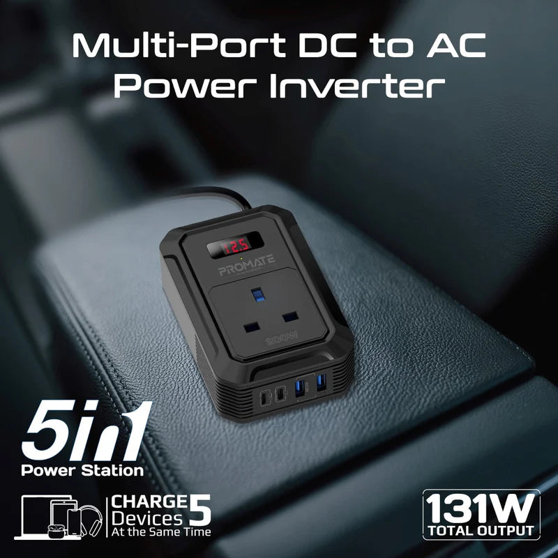 Promate Inverto-200W Multi-Port DC to AC Power Inverter with 200W AC Socket