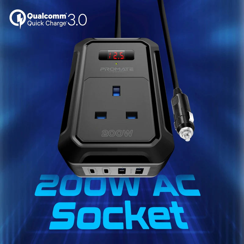 Promate Inverto-200W Multi-Port DC to AC Power Inverter with 200W AC Socket
