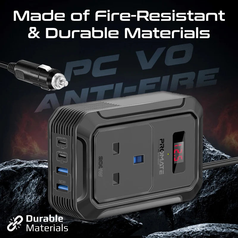 Promate Inverto-200W Multi-Port DC to AC Power Inverter with 200W AC Socket