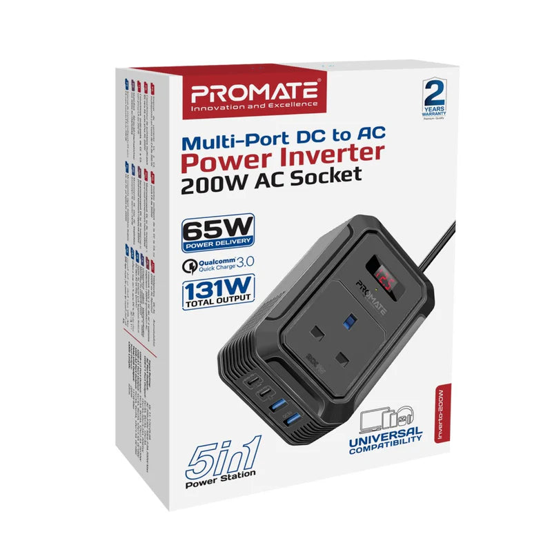 Promate Inverto-200W Multi-Port DC to AC Power Inverter with 200W AC S ...