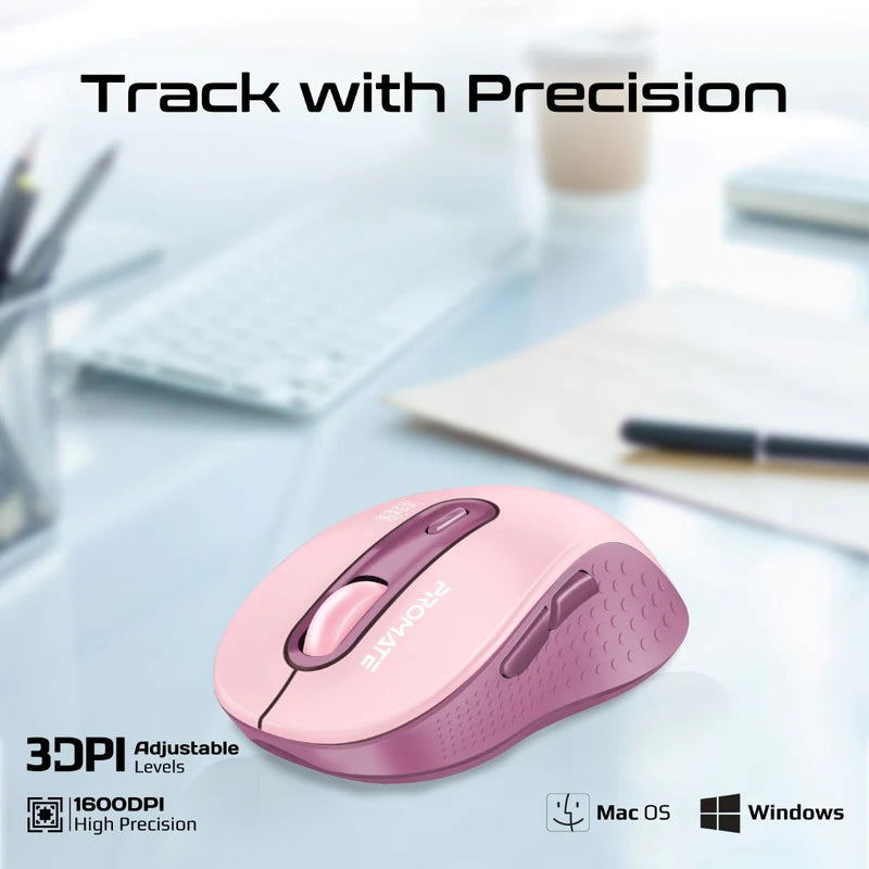 Promate Wireless Mouse, Ergonomic Ambidextrous Wireless Mice with Dual Mode Connectivity, Bluetooth v5.3, 2.4Ghz Transmission, Adjustable 1600DPI, 150H Working Time, Ken