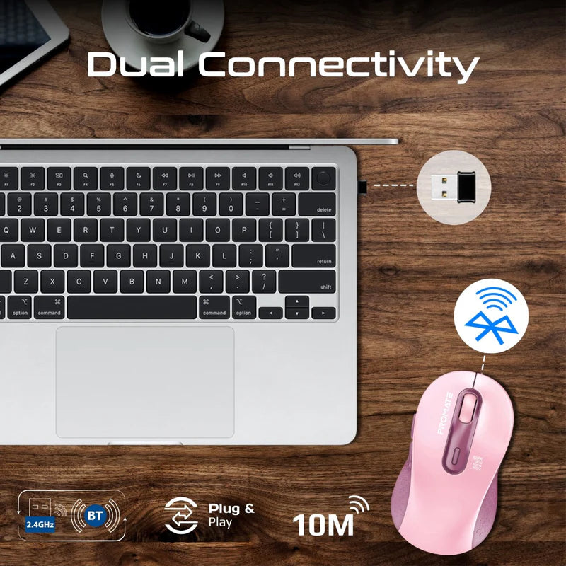 Promate Wireless Mouse, Ergonomic Ambidextrous Wireless Mice with Dual Mode Connectivity, Bluetooth v5.3, 2.4Ghz Transmission, Adjustable 1600DPI, 150H Working Time, Ken