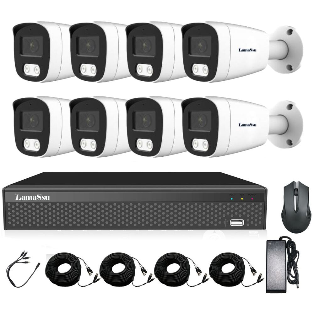 LAMASSU 8CH 5MP Full Color Camera Kit with XVR, Night Vision, H.265+ Recording, IP67 Weatherproof, Remote Viewing, No HDD