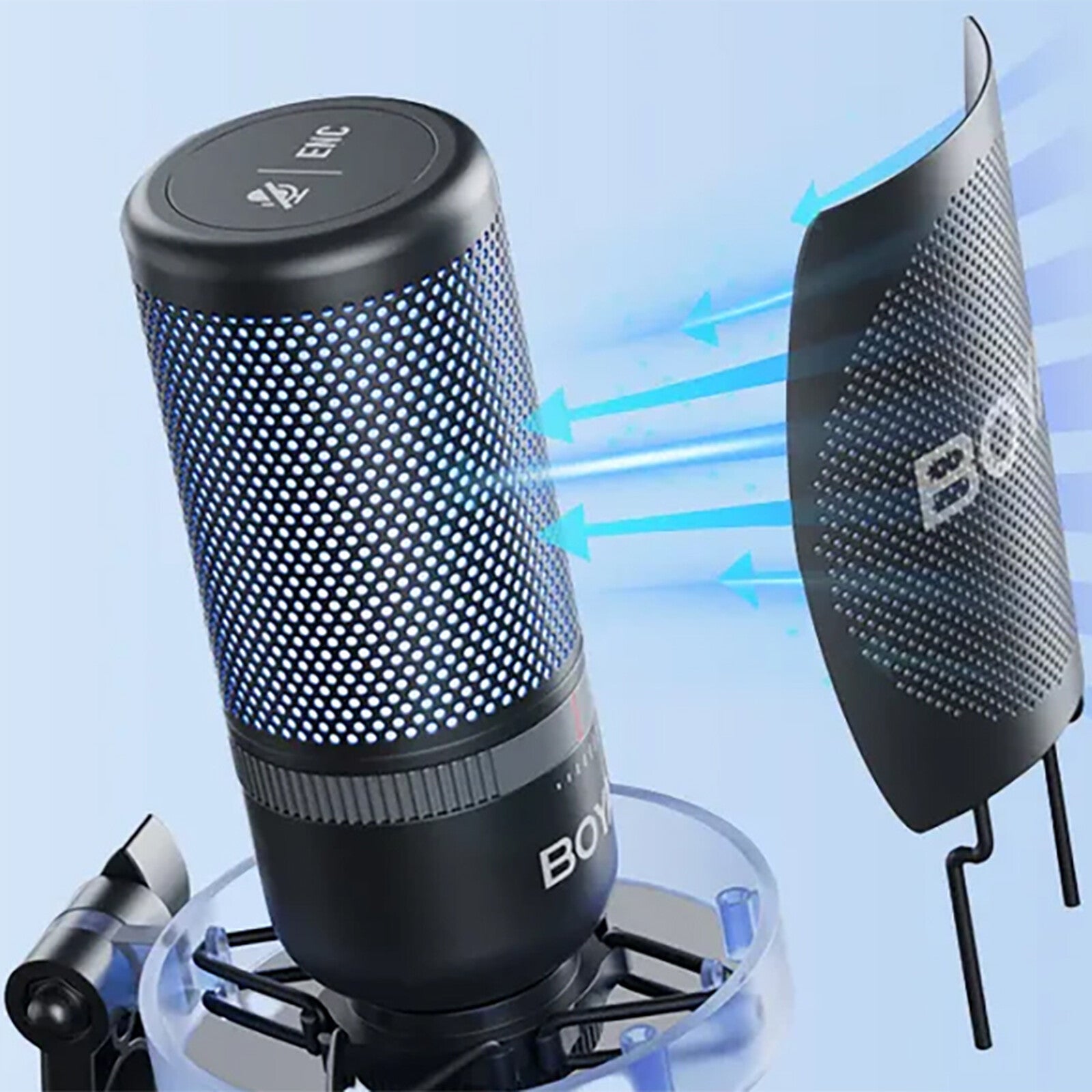 BOYA K3-02 USB Condenser Microphone , 48kHz/24-bit Hi-Fi Audio , Supercardioid Pickup | One-Tap Noise Cancellation | Dynamic RGB Lighting , Real-Time Monitoring , Gain Control , Pop Filter & Shock Mount – Black