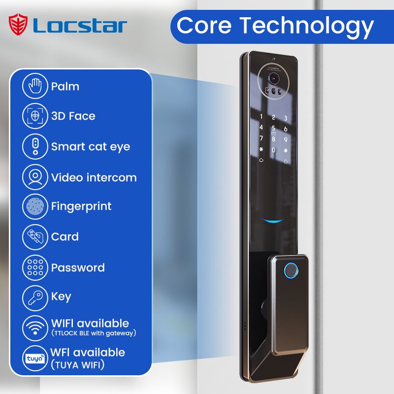 قفل باب ذكي من لوكستار تويا S300، قفل باب أمامي ببصمة الإصبع وواي فاي مع لوحة مفاتيح وبطاقة IC والتحكم بالتطبيق ومفتاح - أسود