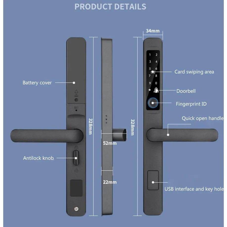 قفل باب ذكي من لوكستار LS-C105A، مقاوم للماء، يعمل ببصمة الإصبع، مع تطبيق بلوتوث، وبطاقة IC، ولوحة مفاتيح - أسود