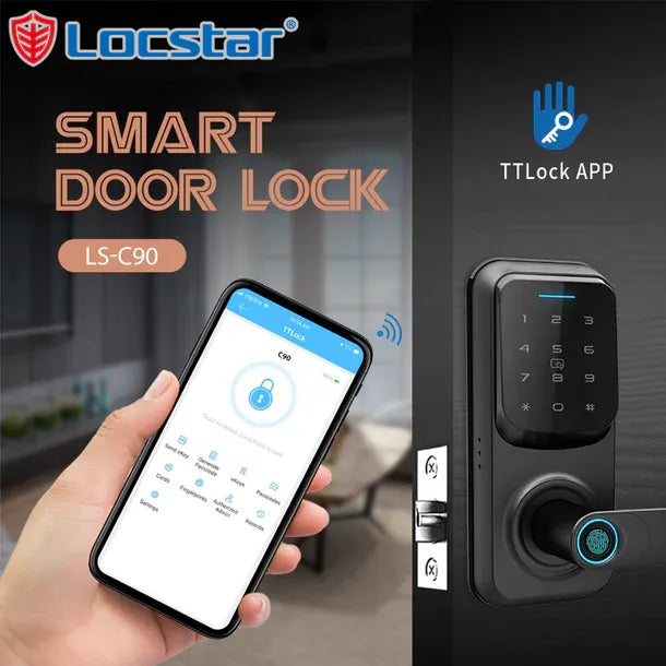 قفل باب ذكي Locstar-C90 ببصمة الإصبع الرقمية ولوحة مفاتيح دخول بدون مفتاح مع مقبض