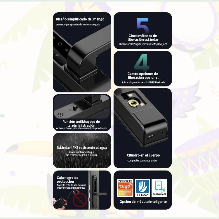 قفل باب ذكي من لوكستار L208، دخول بدون مفتاح ببصمة الإصبع ولوحة مفاتيح، مع تطبيق بلوتوث، وبطاقة IC، ومفتاح ميكانيكي - أسود