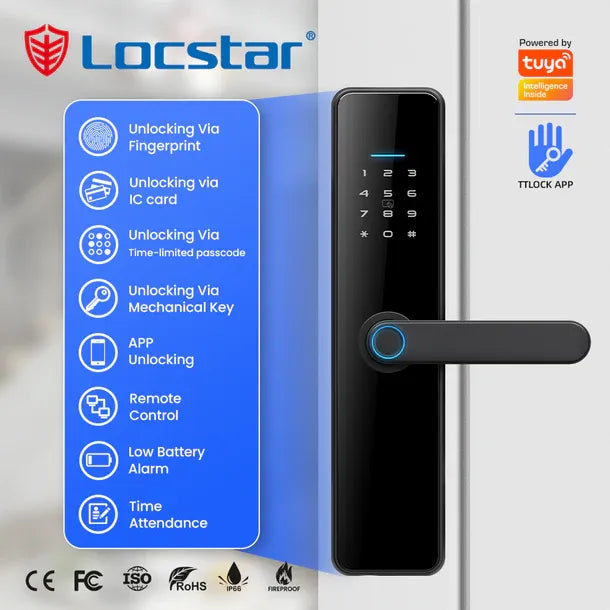قفل Locstar C91 الذكي مع واي فاي وبلوتوث، تطبيق TTLock/Tuya، بصمة الإصبع، كلمة مرور، بطاقة IC ومفتاح ميكانيكي